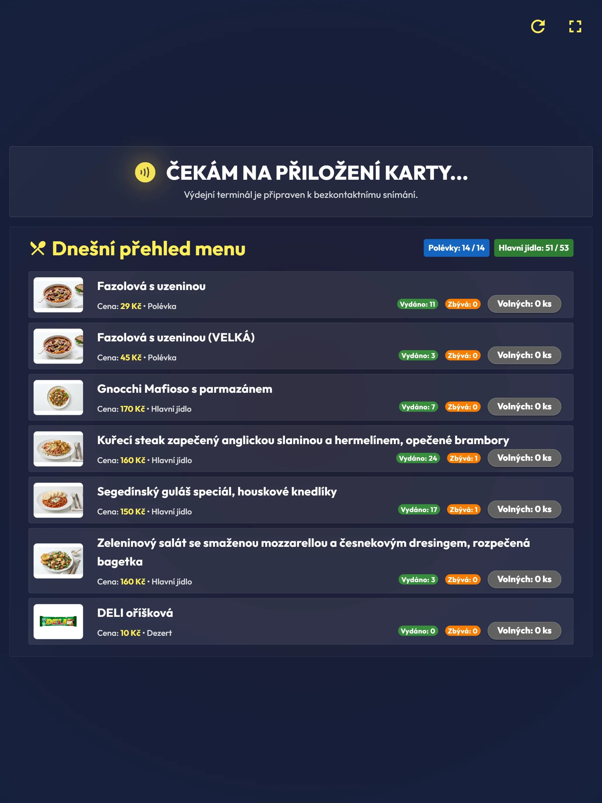 Tablet pro strávníky u výdejního okénka: přiložení karty a dnešní menu