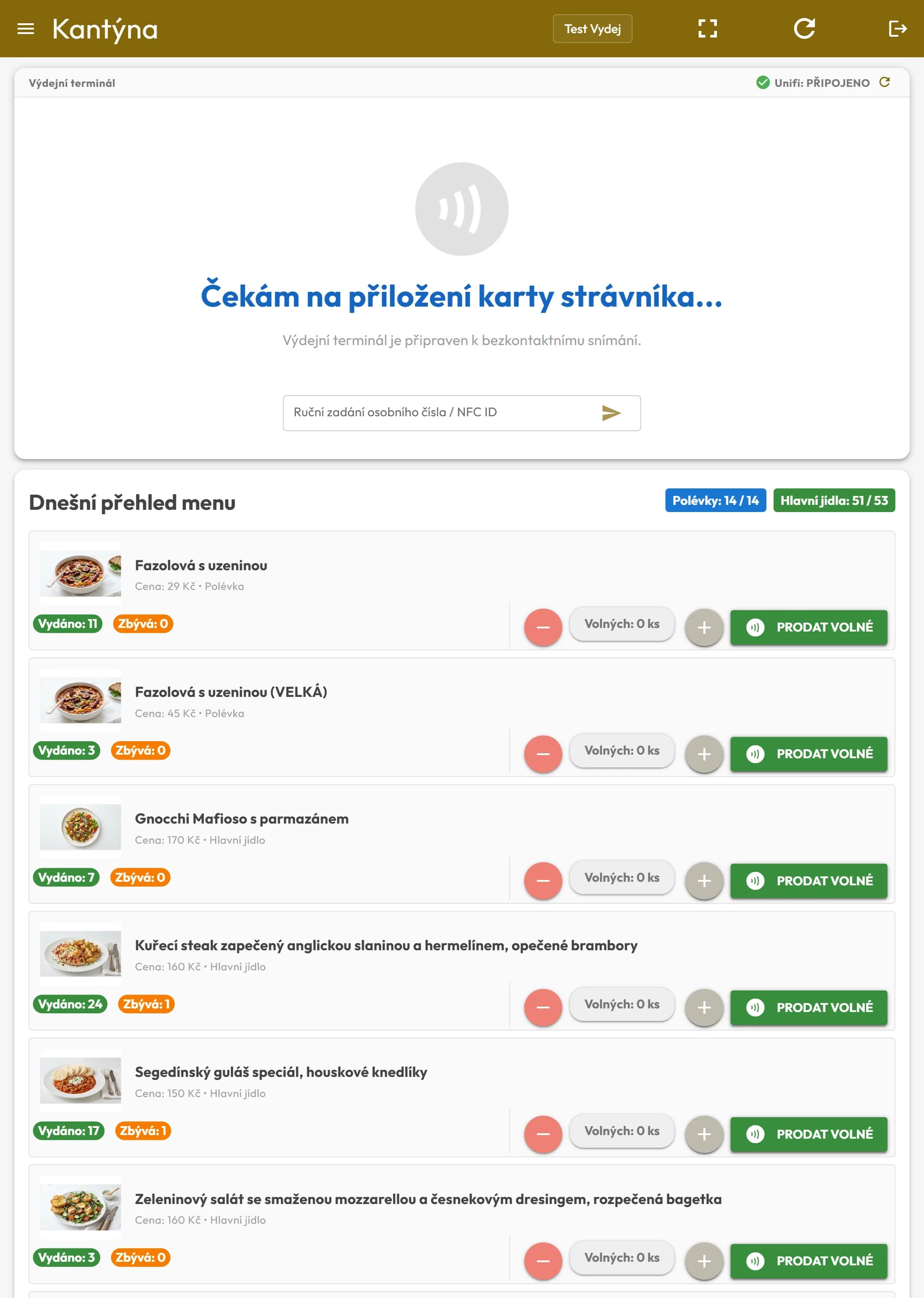 Tablet výdejce s přehledem výdeje a volným prodejem