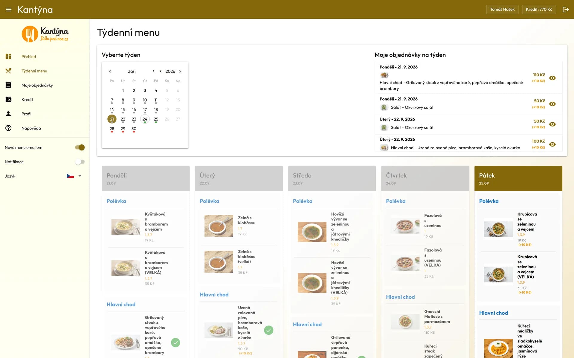 Objednávání z týdenního menu v uživatelském rozhraní