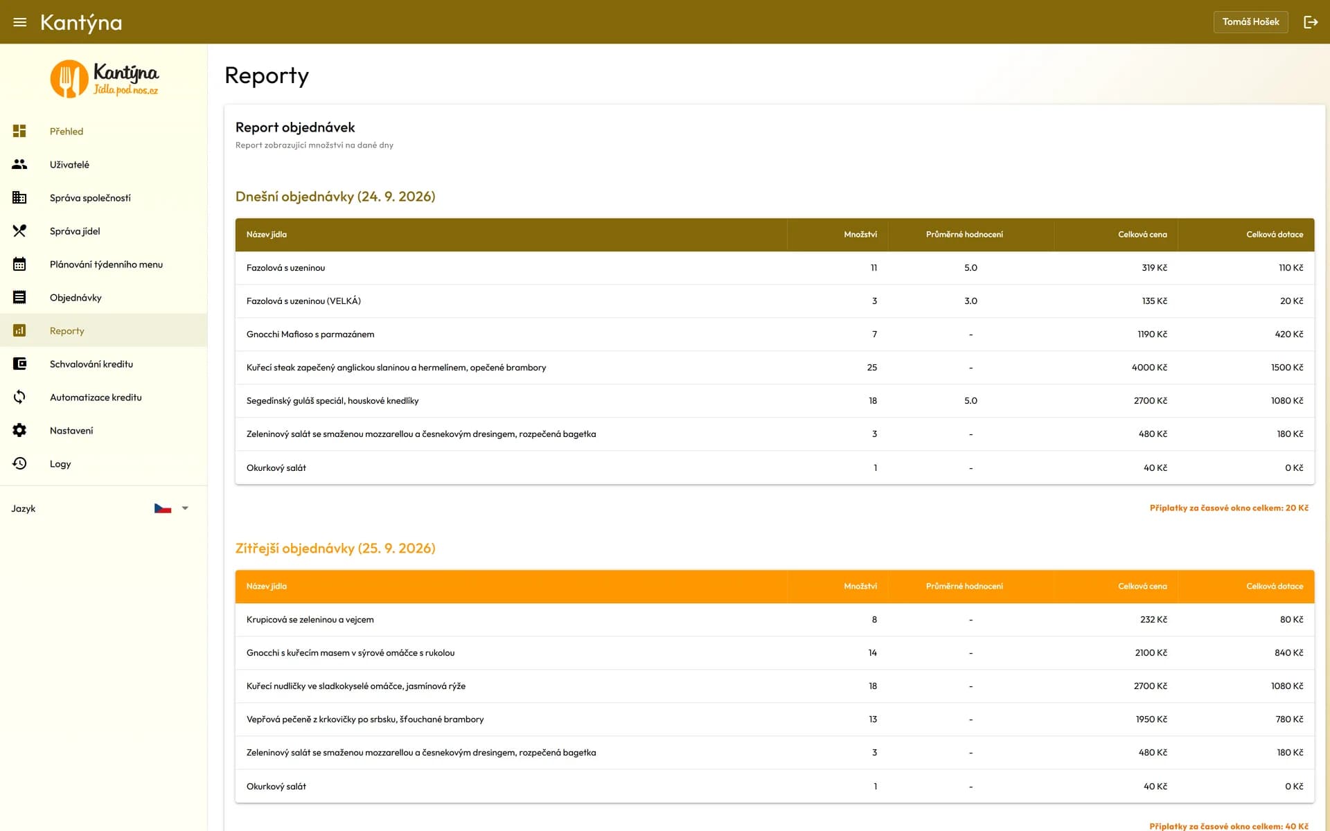 Reporty objednávek a podkladů pro fakturaci firmám