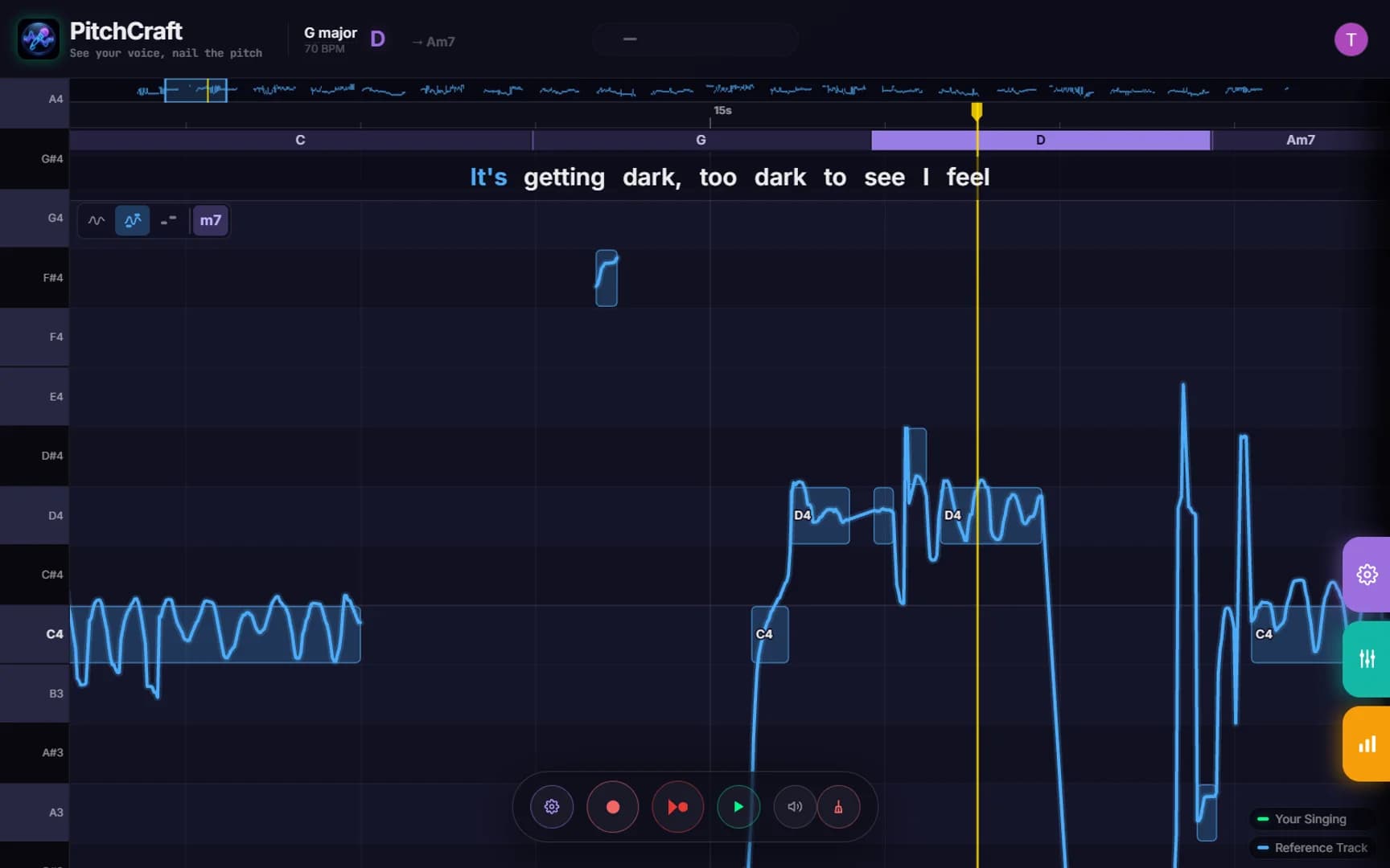 Zpěv skladby s karaoke textem a křivkou výšky tónu v reálném čase